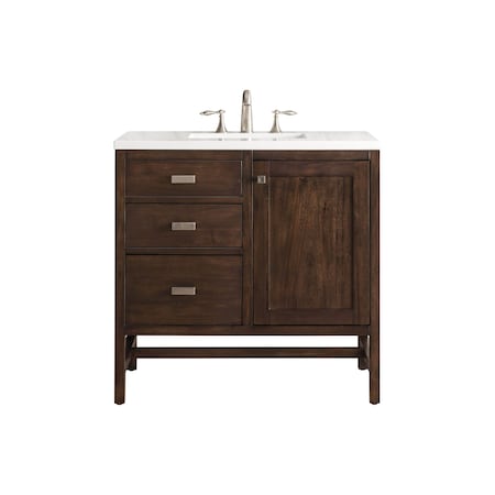 James Martin Vanities Addison 36in Single Vanity, Mid-Century Acacia w/ 3 CM White Zeus Quartz Top E444-V36-MCA-3WZ